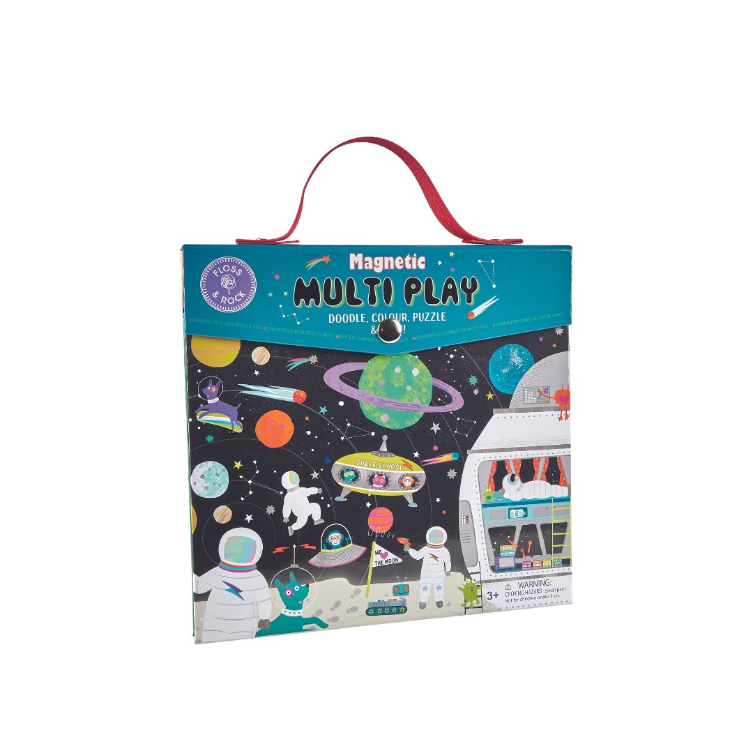 1. Floss & Rock Magnetic Multi Play Scene in space theme with colorful planets and astronauts on the cover, featuring a red carry handle