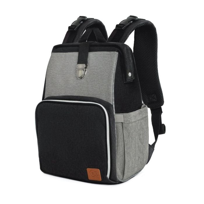 2. Angled view of Kinderkraft Molly diaper backpack in grey and black with padded straps