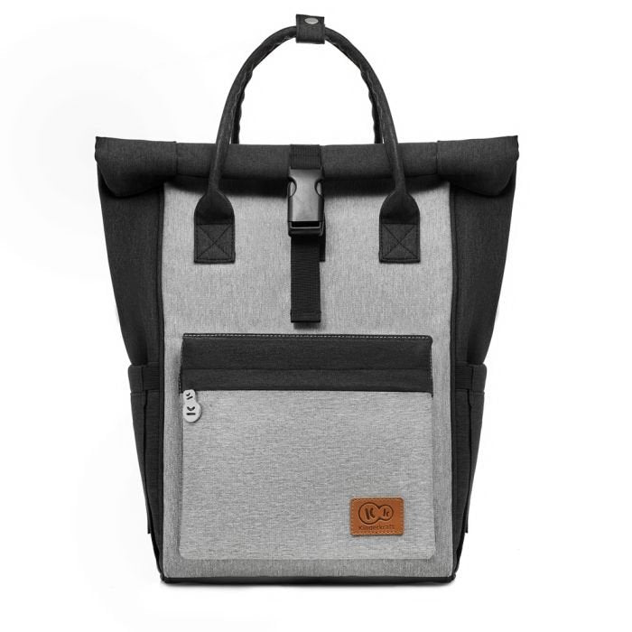 2. Kinderkraft Moonpack diaper backpack in grey and black with front pocket and logo, shown from front on white background