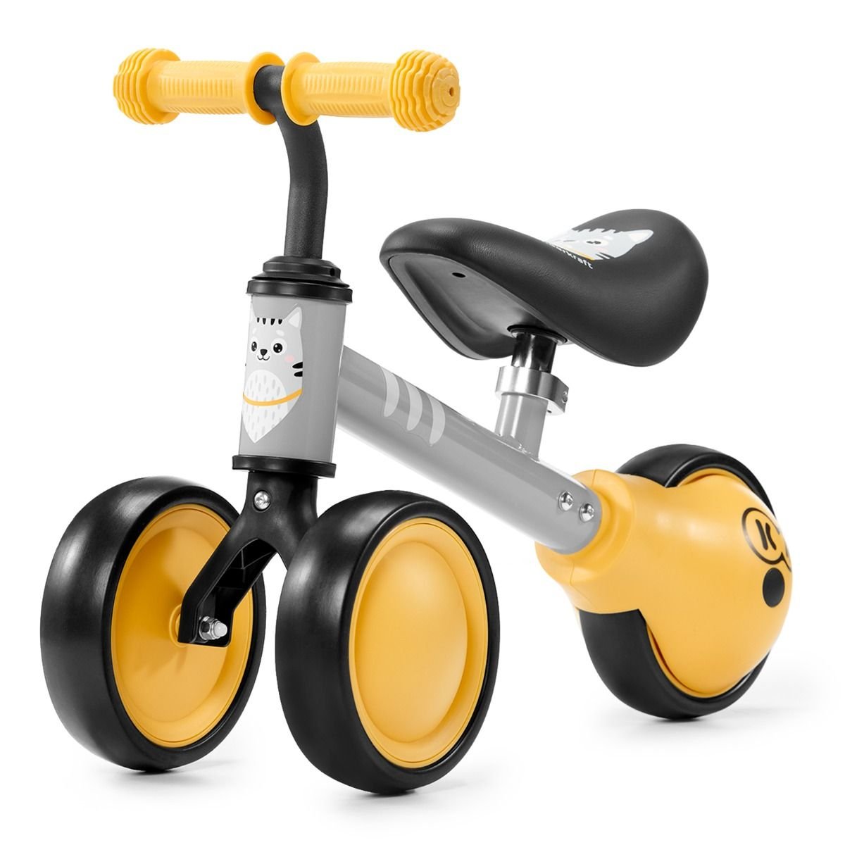 16. Studio shot of yellow Kinderkraft CUTIE balance bike with non-slip handles and kitten print