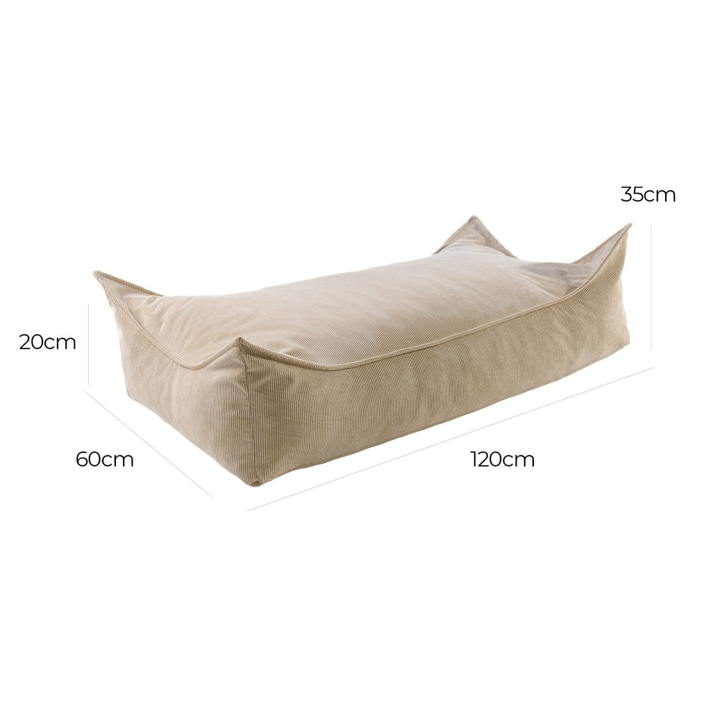 2. Size chart for MeowBaby children's rectangular pouffe in sand corduroy, showing dimensions 120cm by 60cm by 35cm