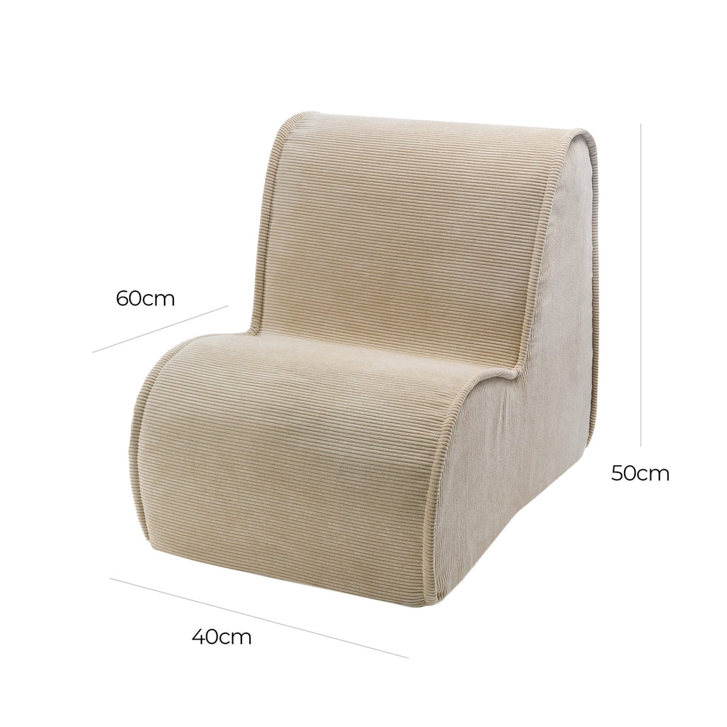 2. Size chart for MeowBaby children's armchair in sand corduroy showing dimensions: 40 cm width, 60 cm depth, 50 cm height
