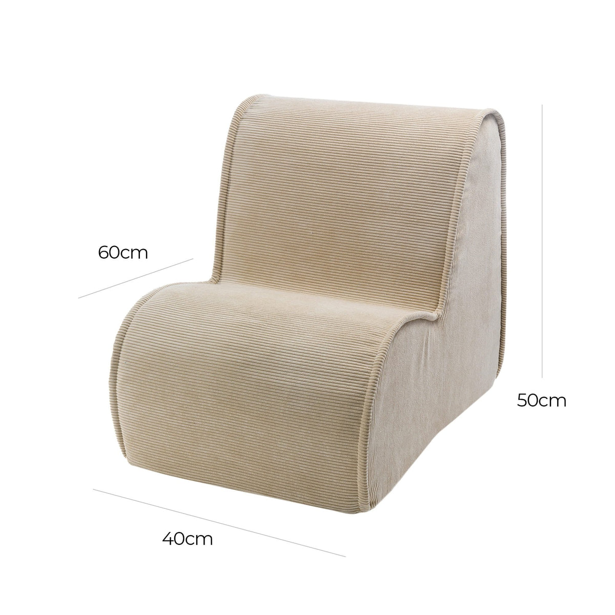 2. Size chart for MeowBaby children's armchair in sand corduroy showing dimensions: 40 cm width, 60 cm depth, 50 cm height