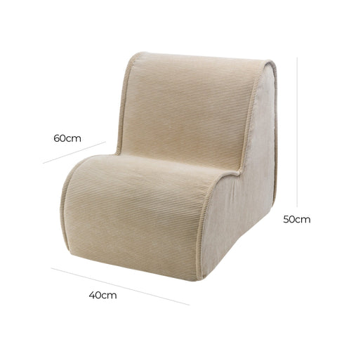 2. Size chart for MeowBaby children's armchair in sand corduroy showing dimensions: 40 cm width, 60 cm depth, 50 cm height