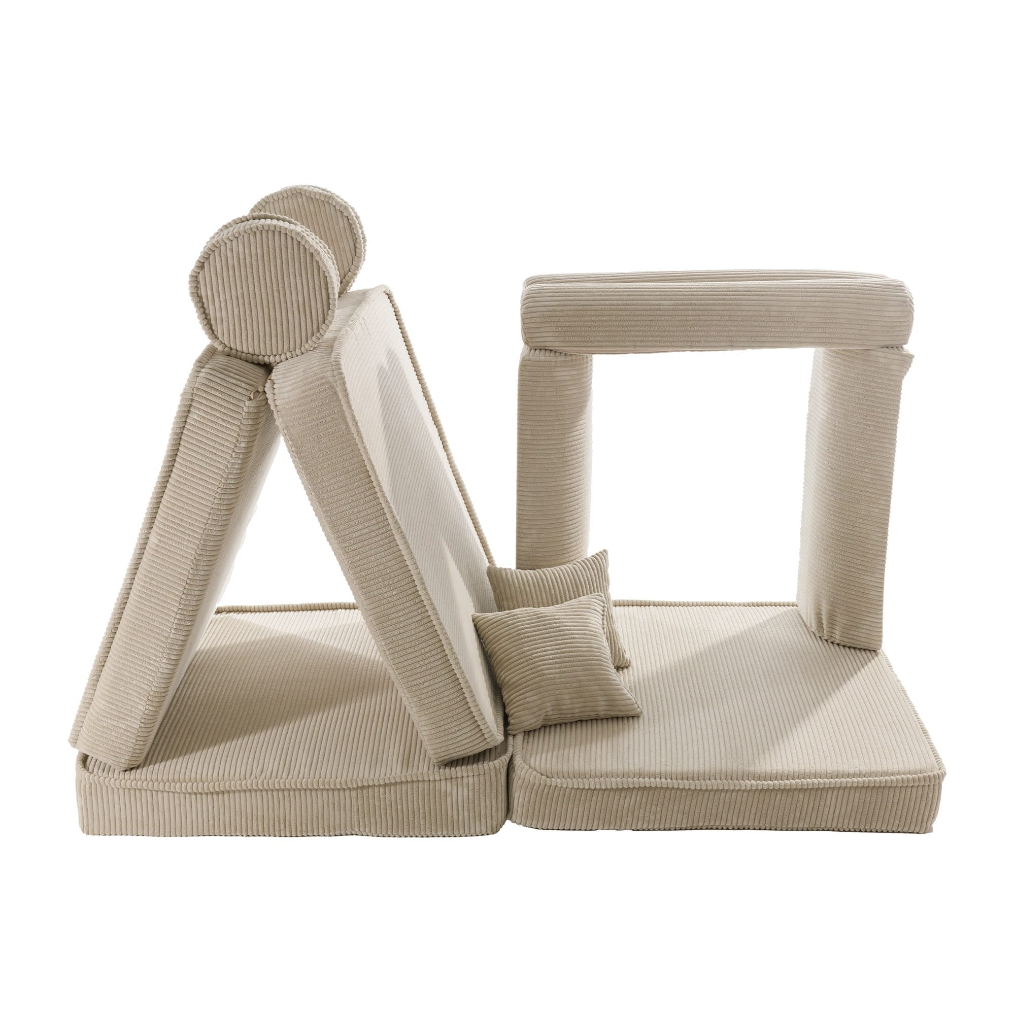 2. Ecru corduroy modular sofa for kids shown in a tent-like arrangement with cushions, highlighting versatility