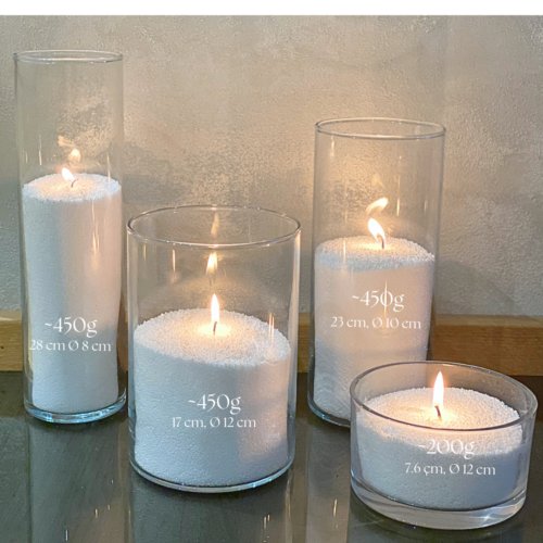 8. Different sizes of Candledust powdered candles in glass containers, labeled with weight and dimensions