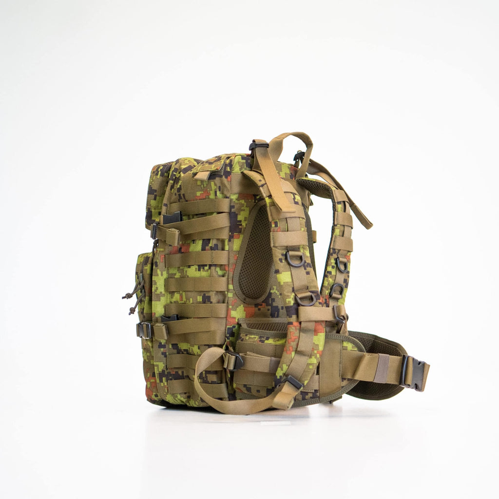 5. Side view of Galvi Linda Backpack 019 in camo pattern, highlighting adjustable hip support and ergonomic design