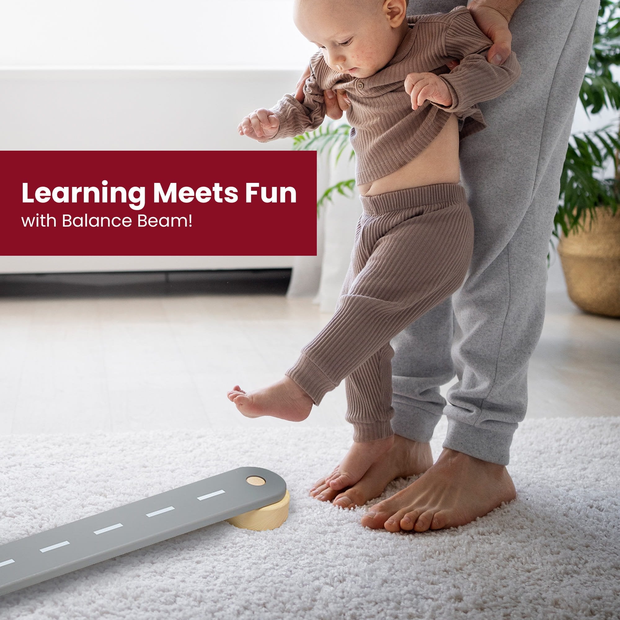 3. Adult assisting baby in stepping on wooden balance beam with road design, text 'Learning Meets Fun with Balance Beam!'