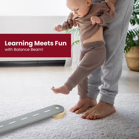 3. Adult assisting baby in stepping on wooden balance beam with road design, text 'Learning Meets Fun with Balance Beam!'