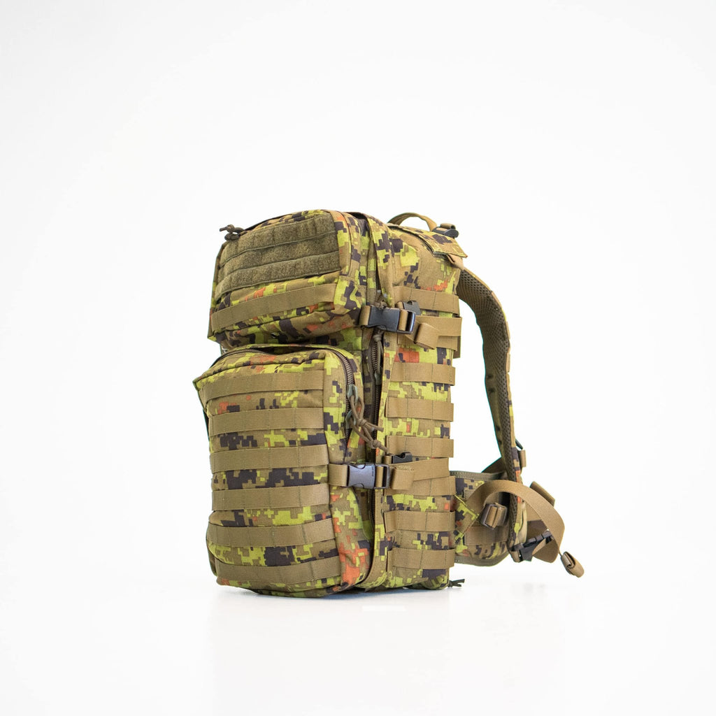 1. Galvi Linda Backpack 019 in camo pattern, studio shot showing front and side view with external pockets and Molle compatibility
