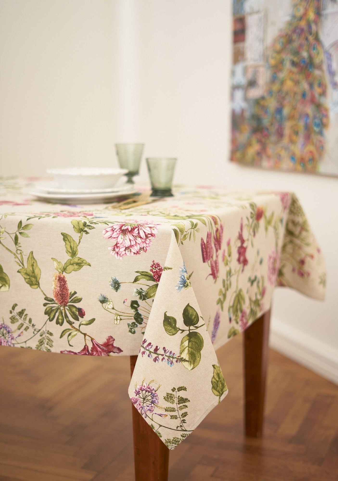 1. Botanico rectangular tablecloth by Hortensias Home on dining table, showcasing vibrant floral print in a lifestyle setting
