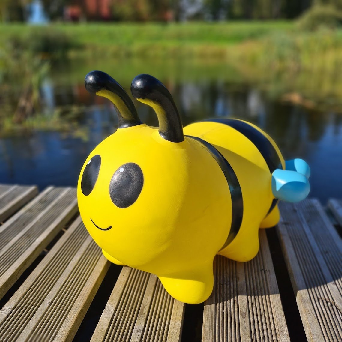 1. Yellow bee-shaped hopper toy with black stripes and blue tail on wooden deck by a pond