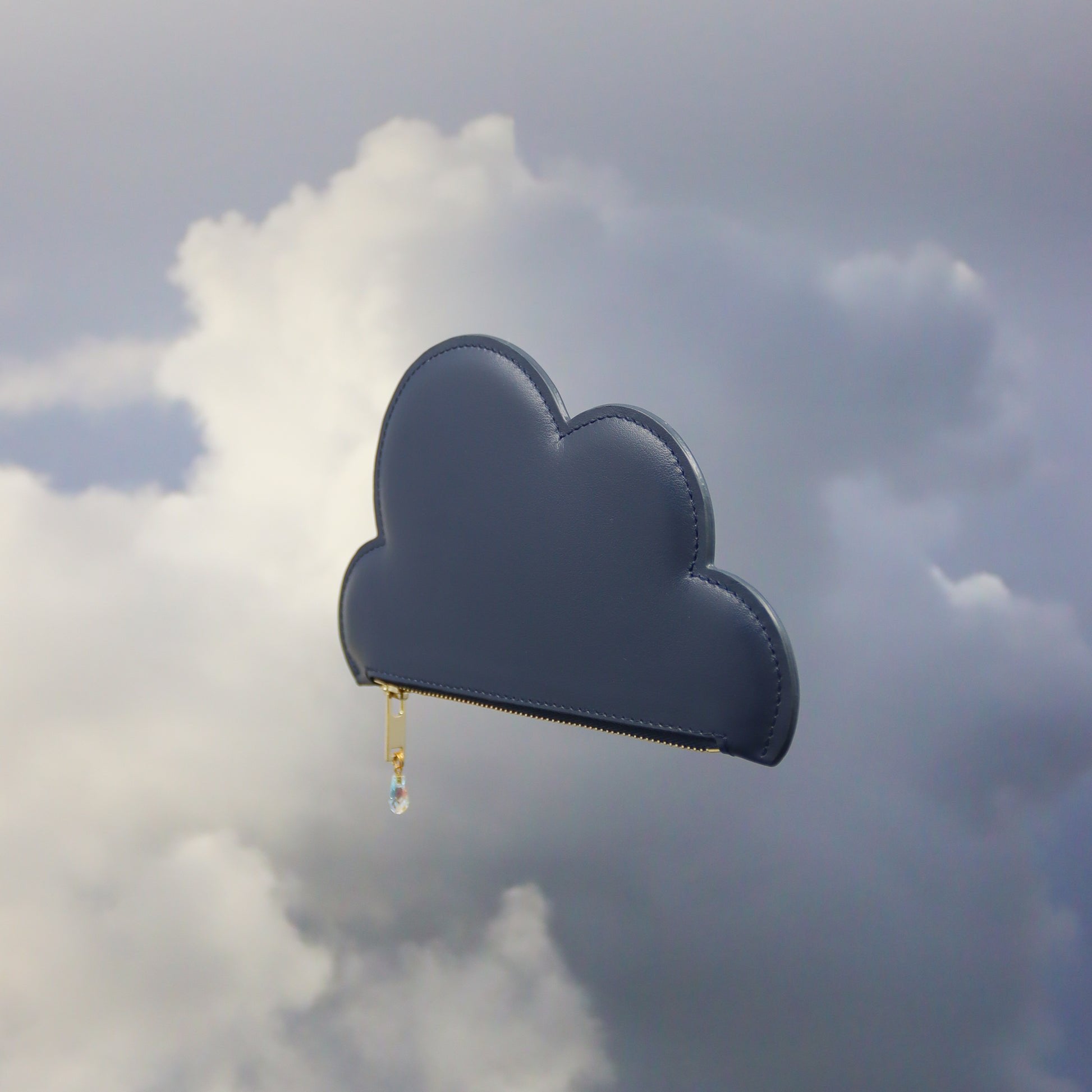 1. Tairi Roosve Leather Cloud Purse in navy with Swarovski crystal zip, floating against a cloudy sky