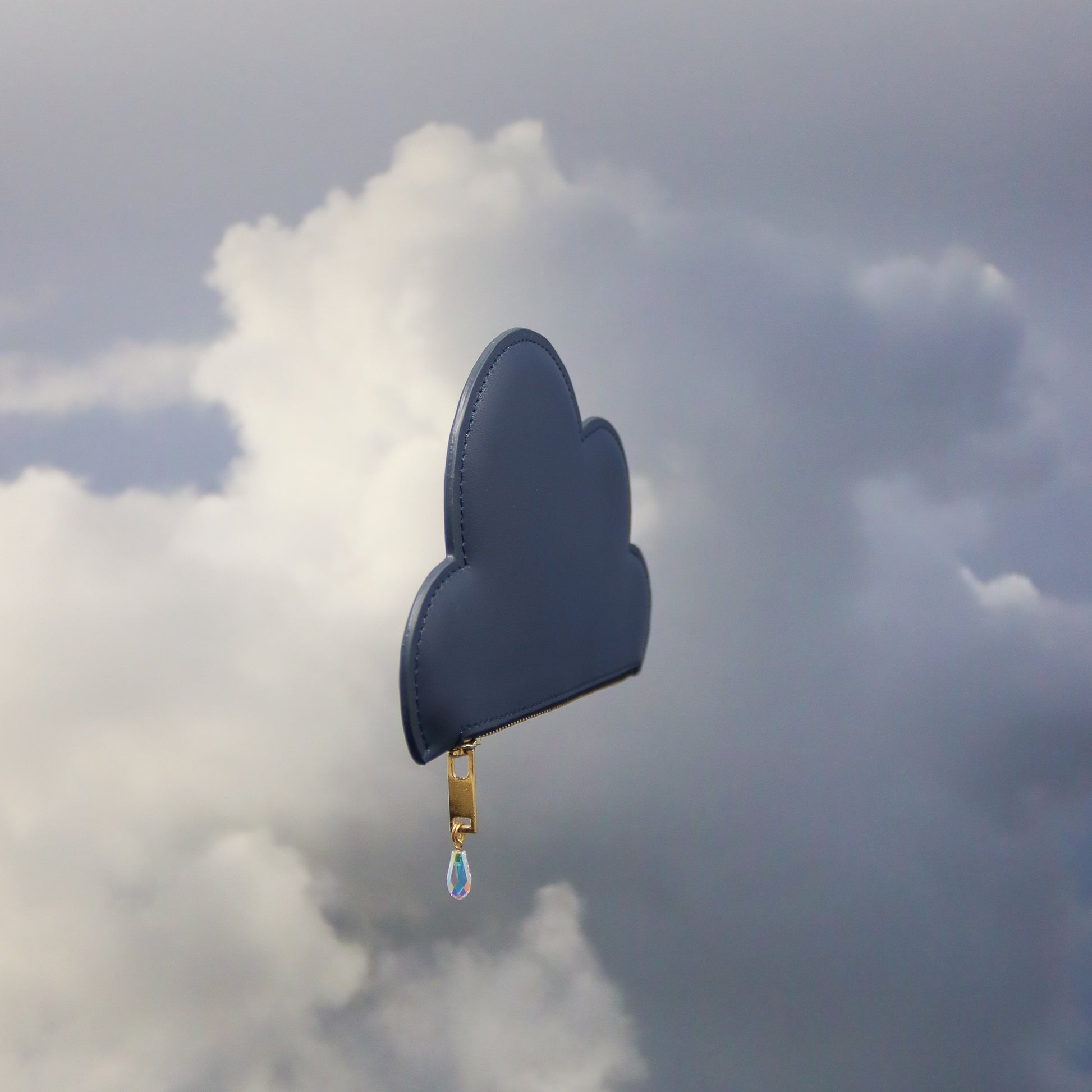 2. Side view of Tairi Roosve Leather Cloud Purse in navy with Swarovski crystal zip, set against clouds
