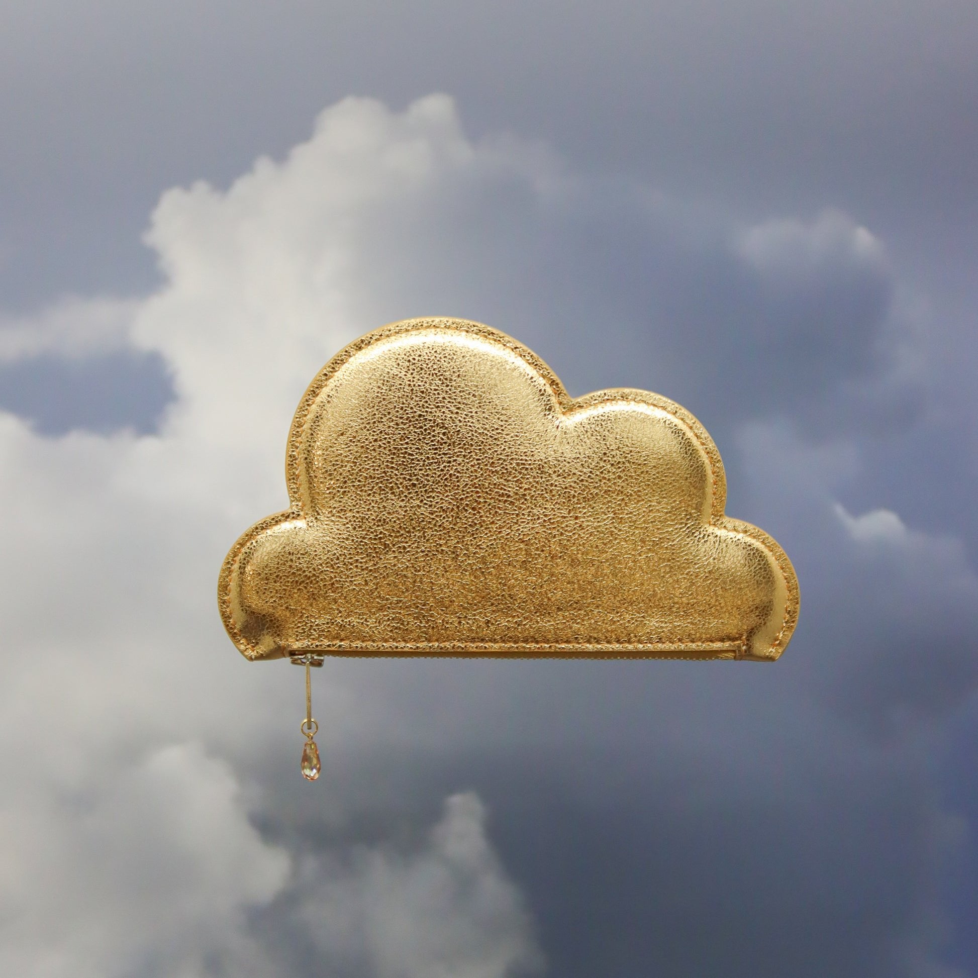 7. Tairi Roosve gold leather cloud purse with Swarovski crystal zip against cloudy sky backdrop