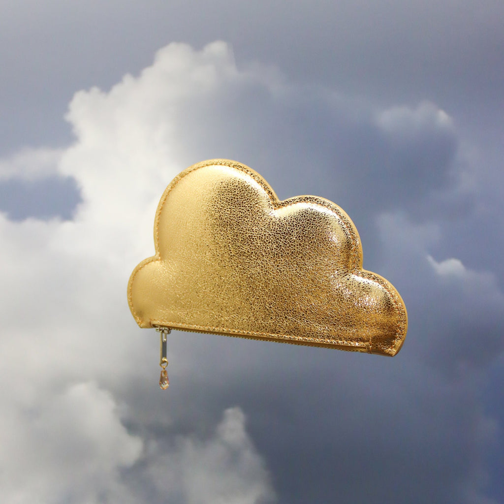 3. Front view of Tairi Roosve gold leather cloud purse with Swarovski crystal zip in cloudy sky
