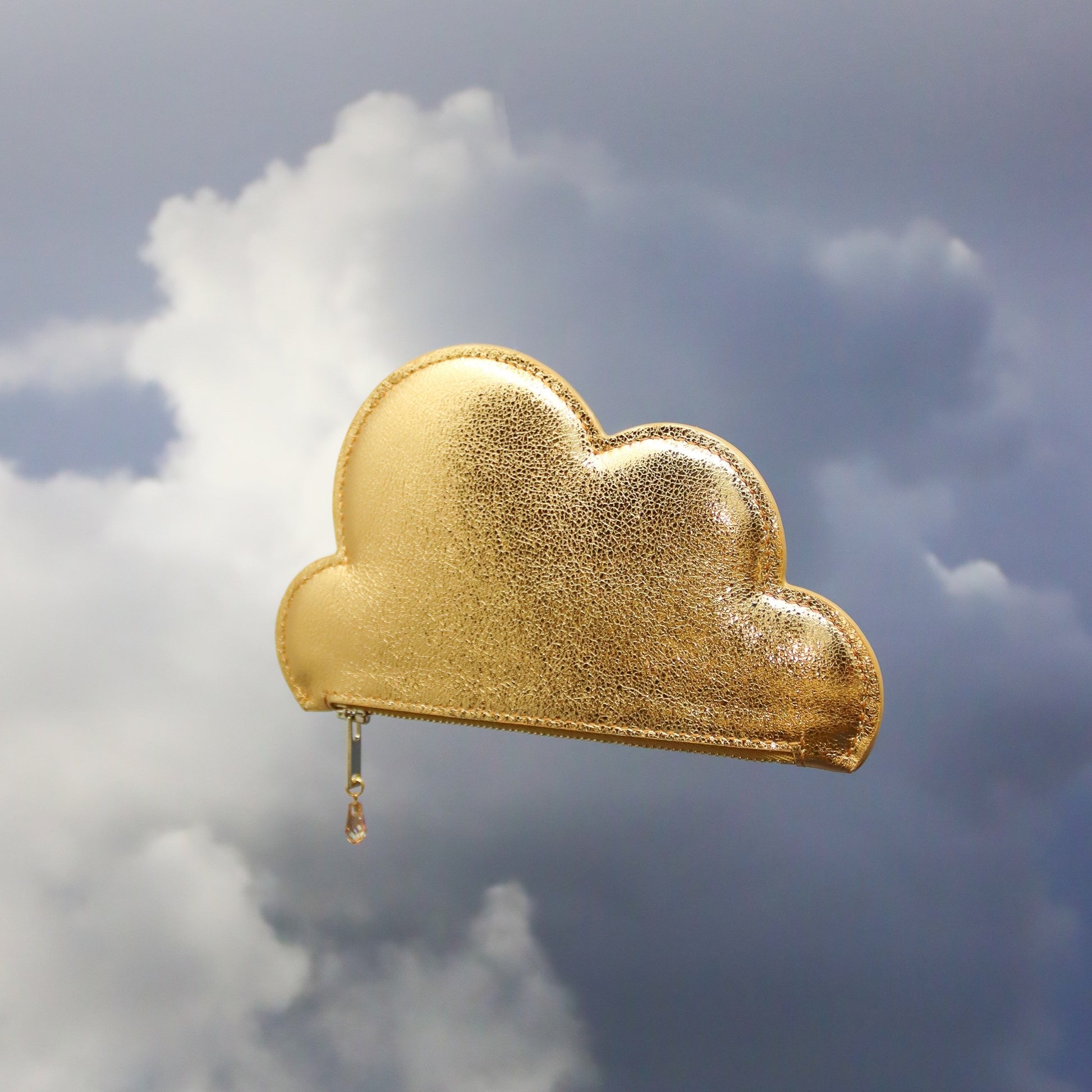 3. Front view of Tairi Roosve gold leather cloud purse with Swarovski crystal zip in cloudy sky