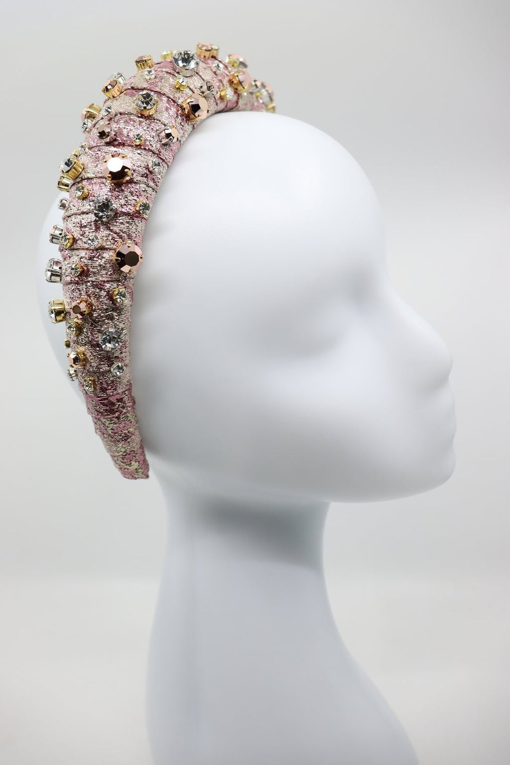 5. Detailed view of textured-effect fabric with metallic threads in light blue and pale gold
