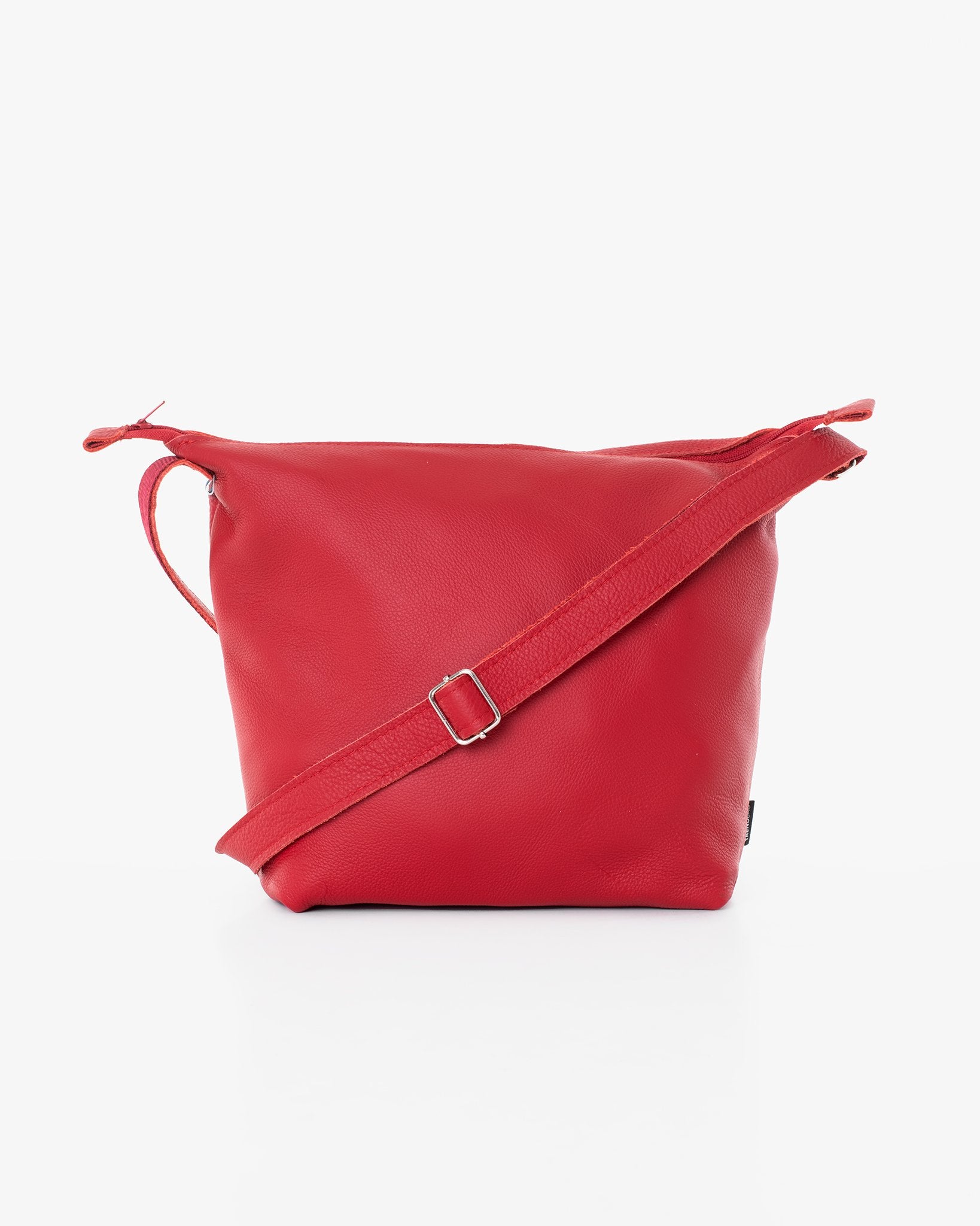 1. Trendbag Suvi XS red shoulder bag made from high-quality leather leftovers, shown in studio setting