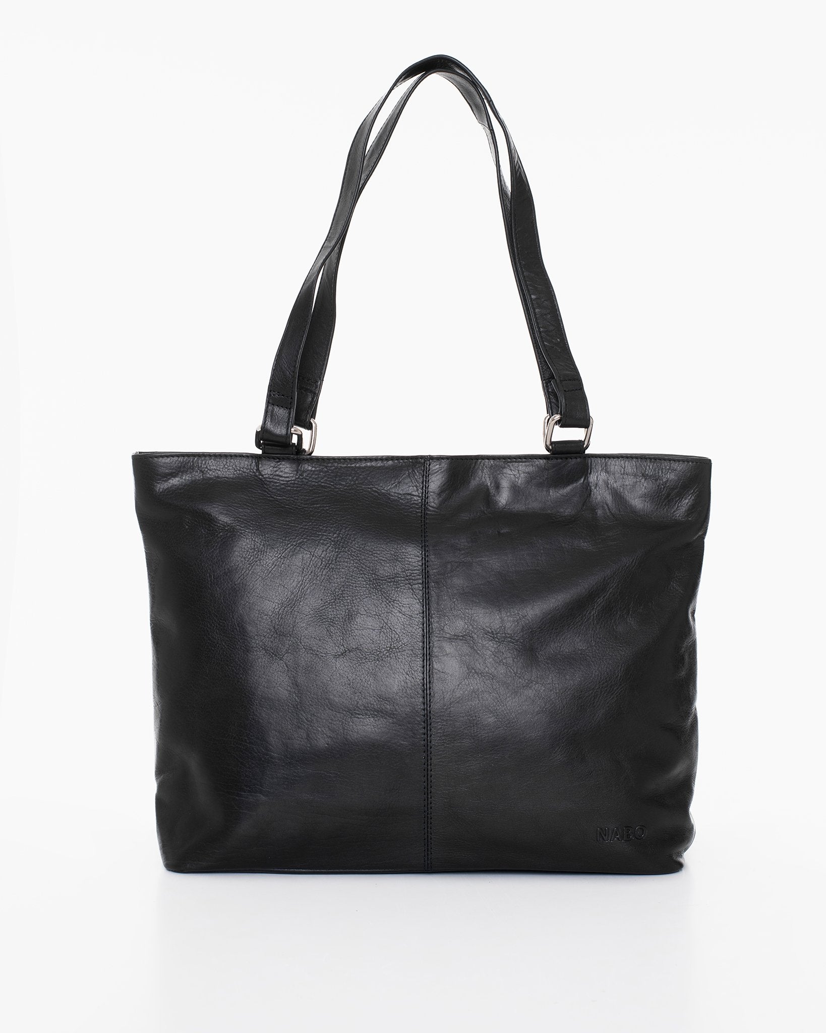 1. Nabo black leather shoulder bag NK2028 shown in studio, front view highlighting elegant design and genuine leather material