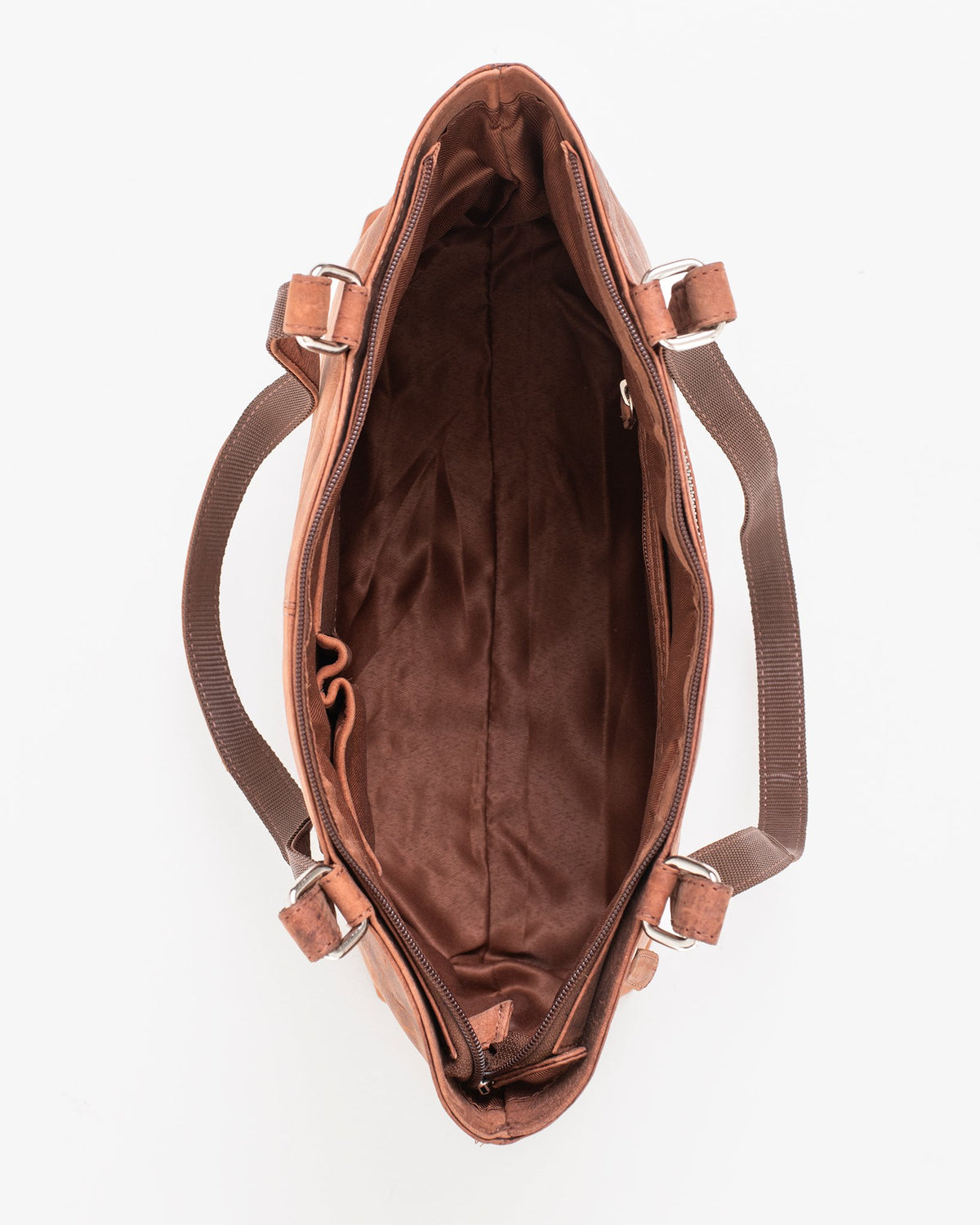 3. Interior view of Nabo brown leather shoulder bag NK1909 showing spacious compartment and inner pocket