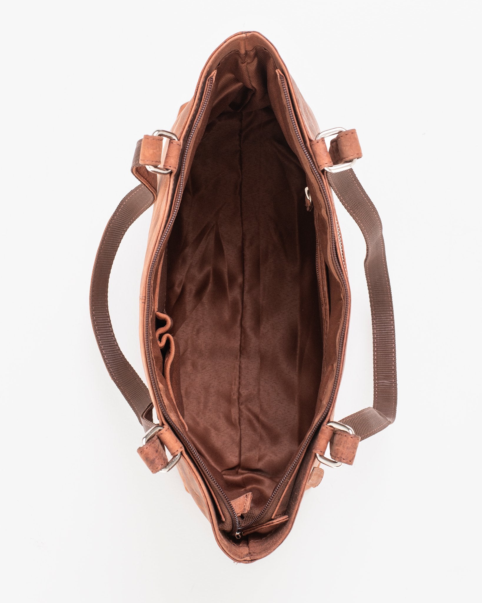 3. Interior view of Nabo brown leather shoulder bag NK1909 showing spacious compartment and inner pocket