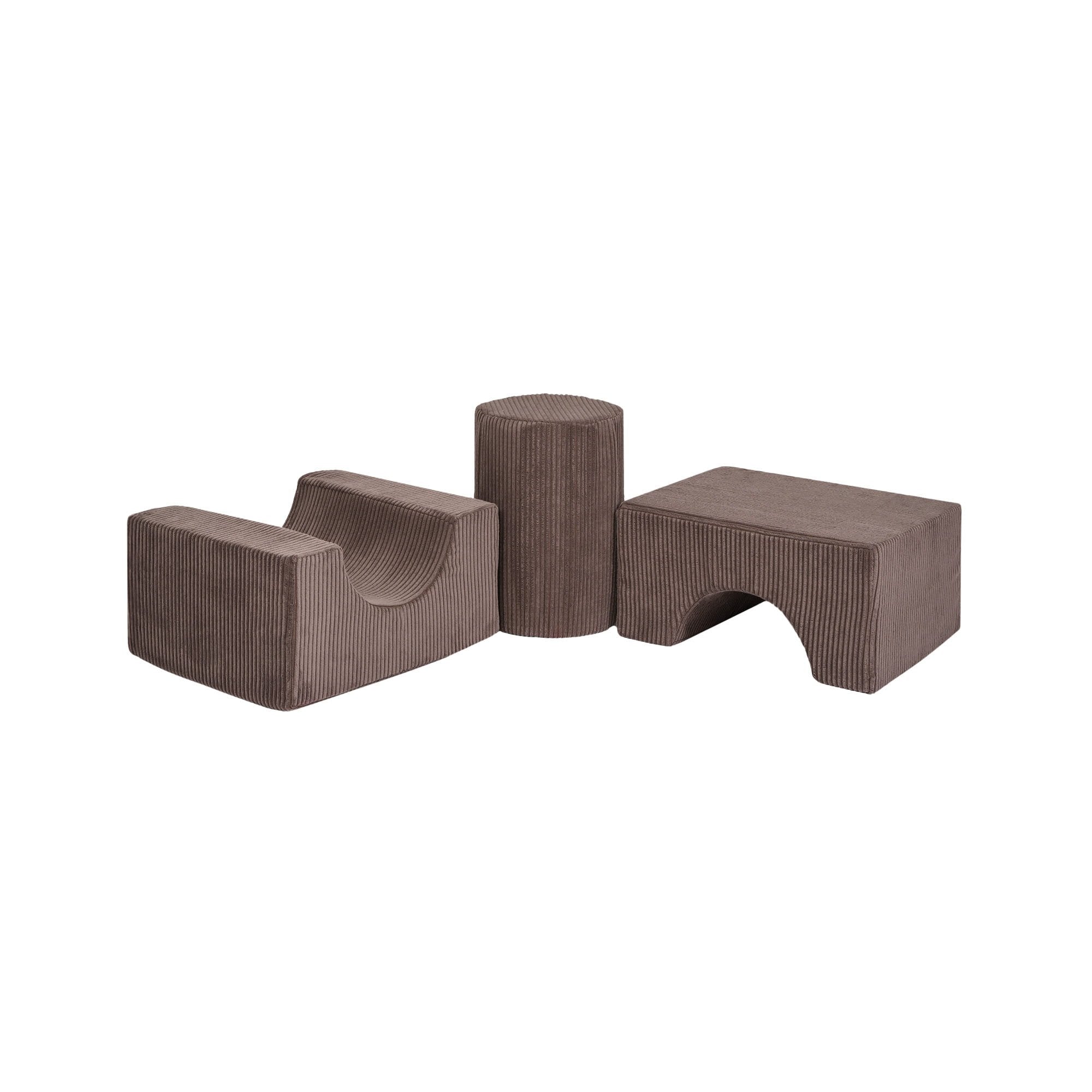 1. Brown velvet corduroy children's play set with three geometric shapes on a white background