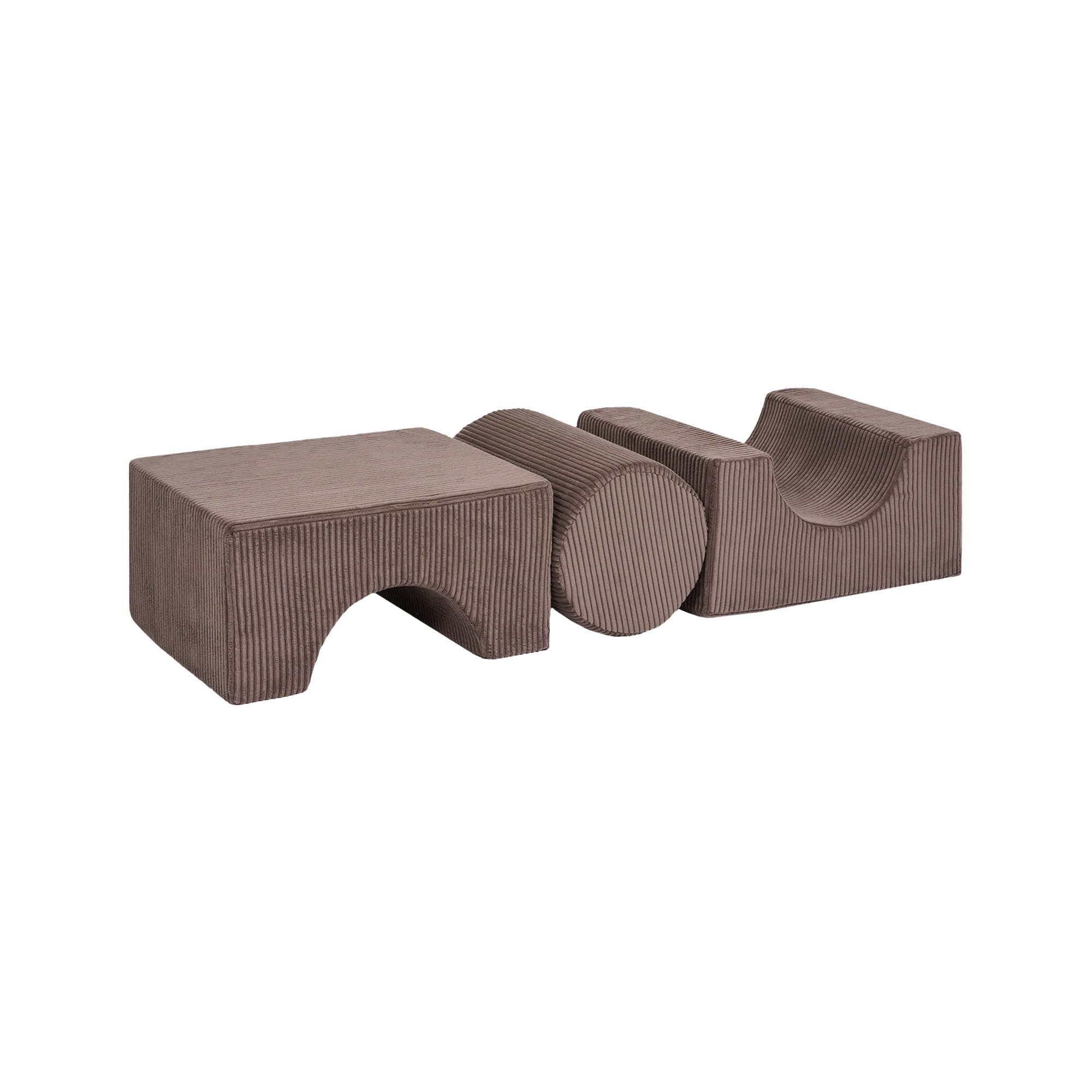 4. Flat lay of brown velvet corduroy children's play set with three geometric shapes on a white background