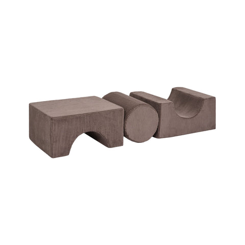 4. Flat lay of brown velvet corduroy children's play set with three geometric shapes on a white background