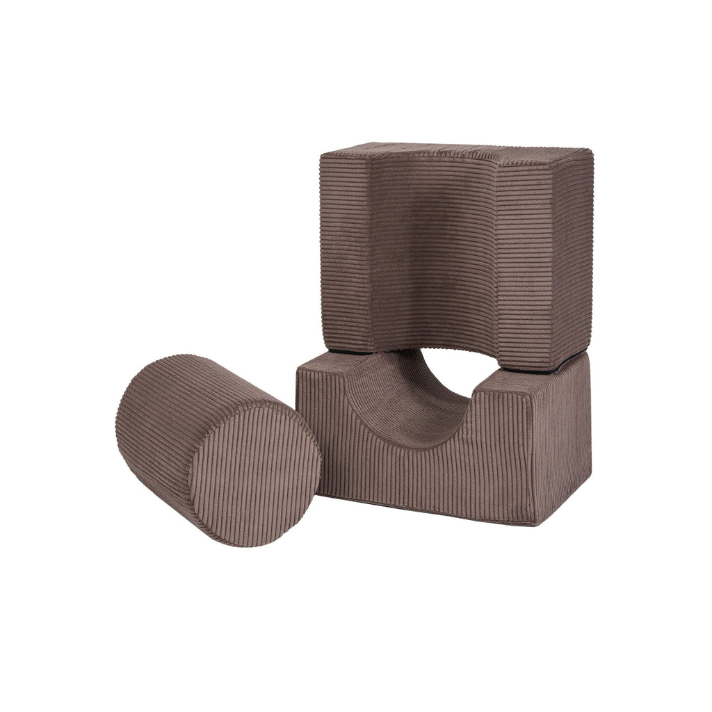 2. Brown velvet corduroy children's play set with stacked geometric shapes on a white background
