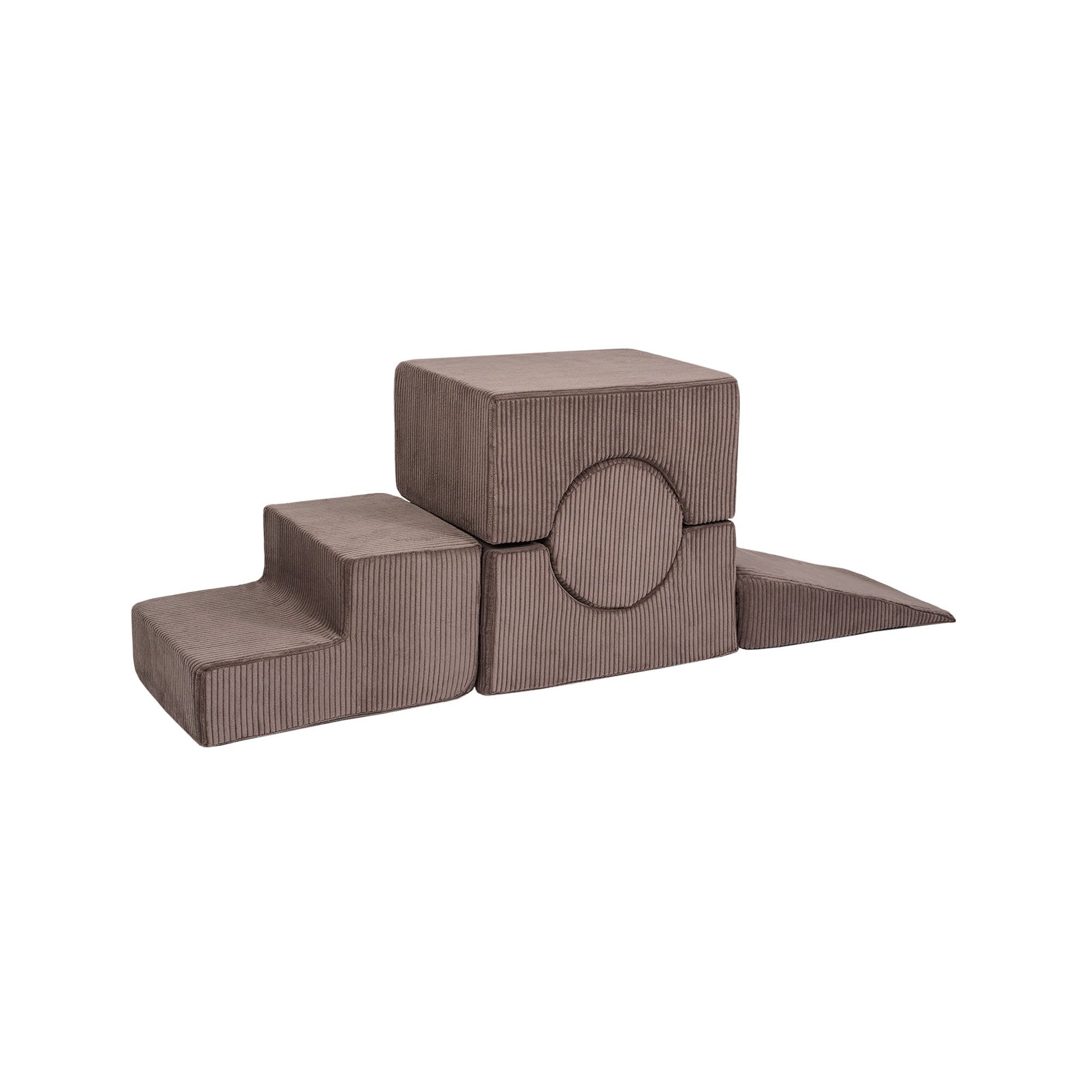 2. Brown velvet corduroy children's shape set with five elements stacked in a studio setting