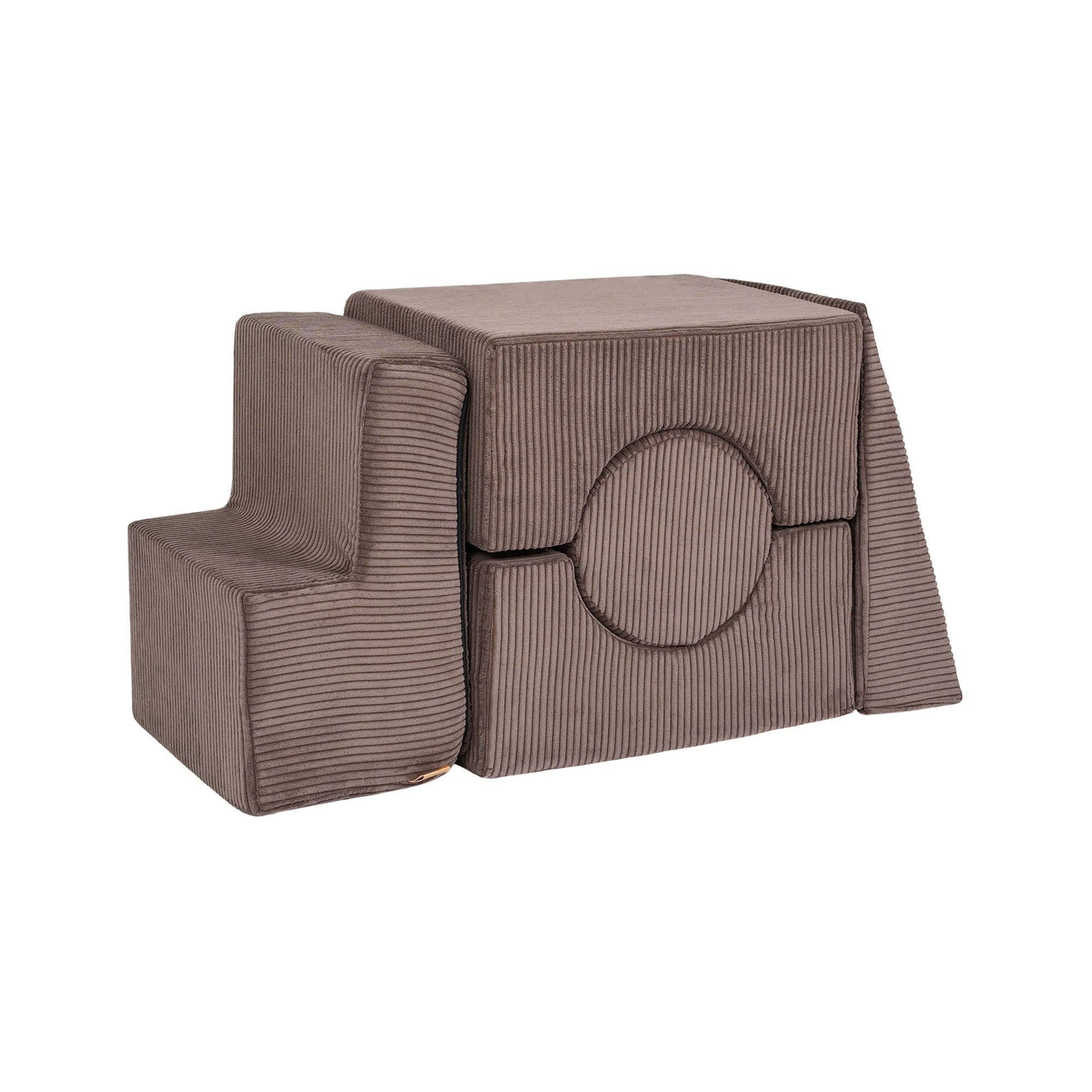 2. Brown velvet corduroy children's shape set with five elements stacked in a studio setting