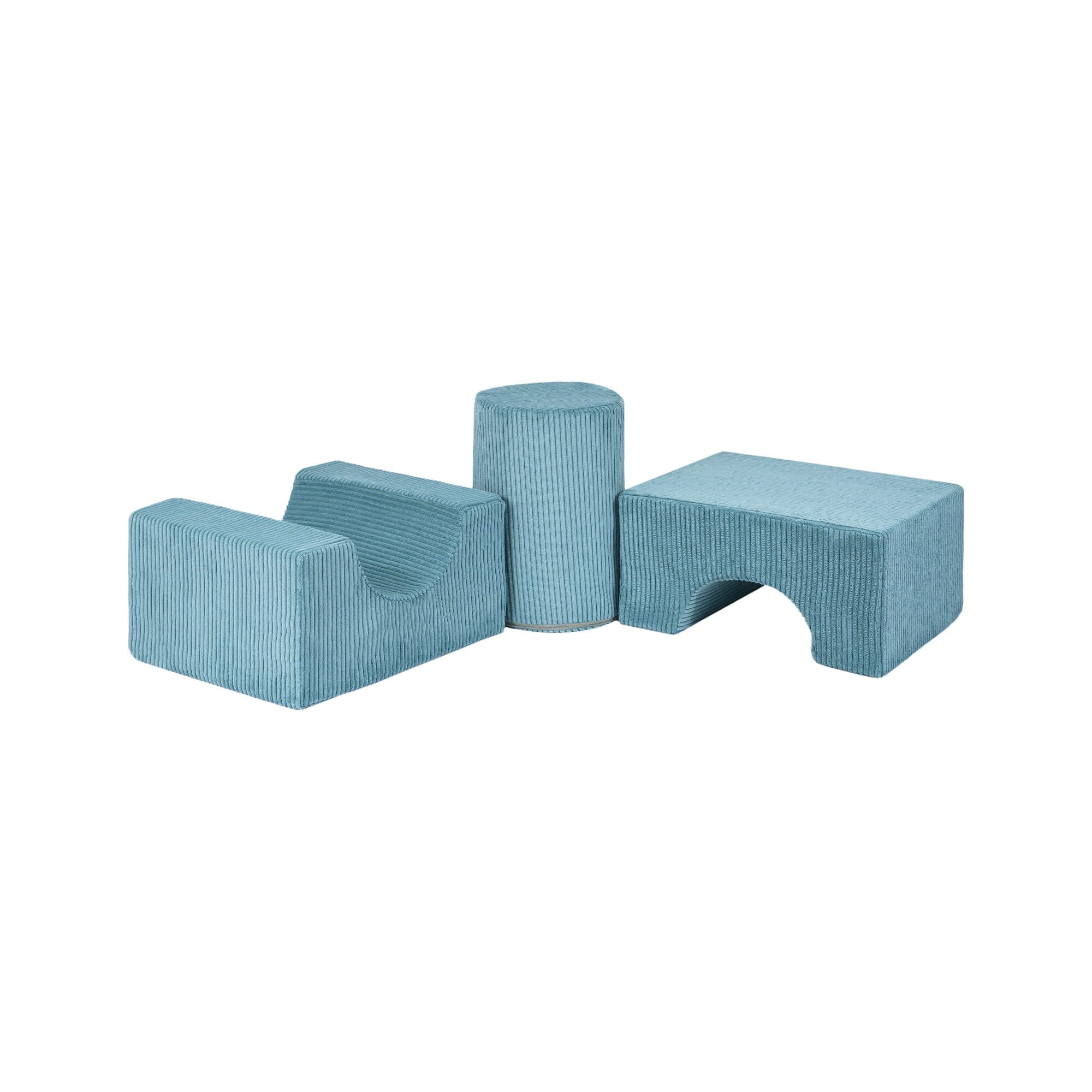 4. Three turquoise velvet corduroy play shapes, including a cylinder and two blocks, arranged in a playful configuration on a white background