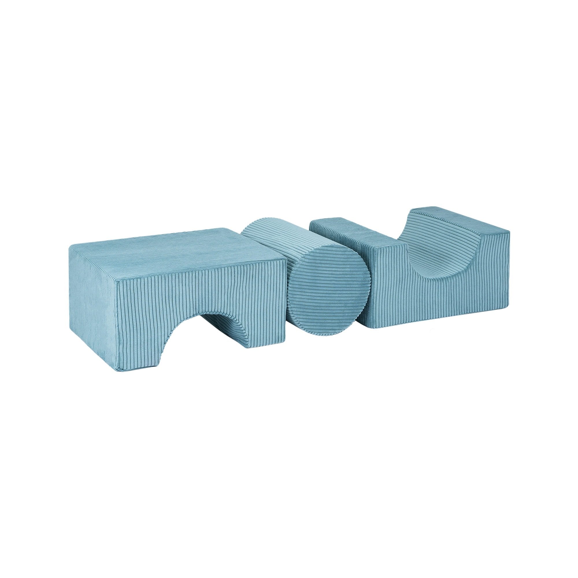 2. Three turquoise velvet corduroy play shapes arranged in a line, including a cylinder and two blocks, on a white background