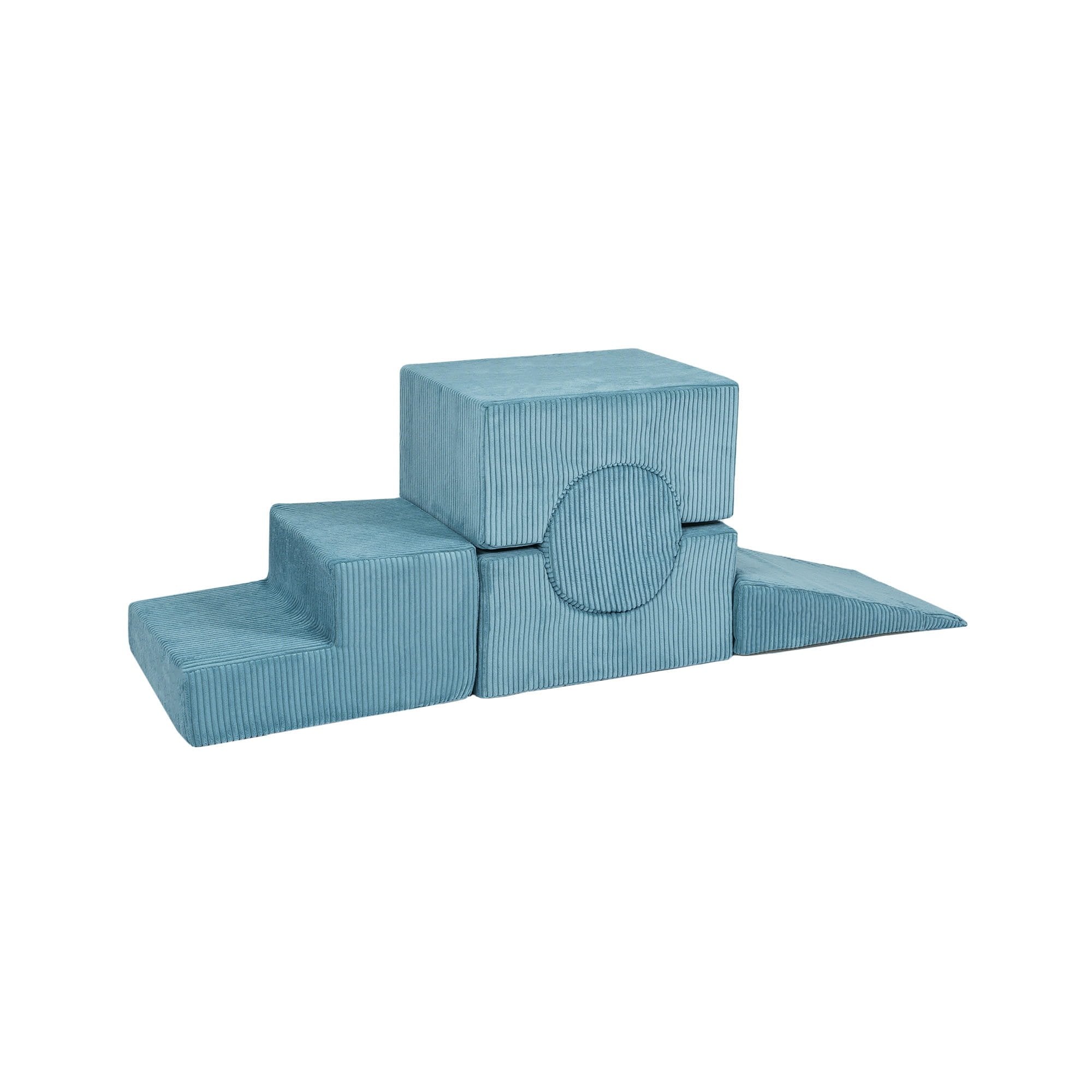 1. Turquoise velvet corduroy children's play set with five stackable elements resembling Montessori blocks on white background