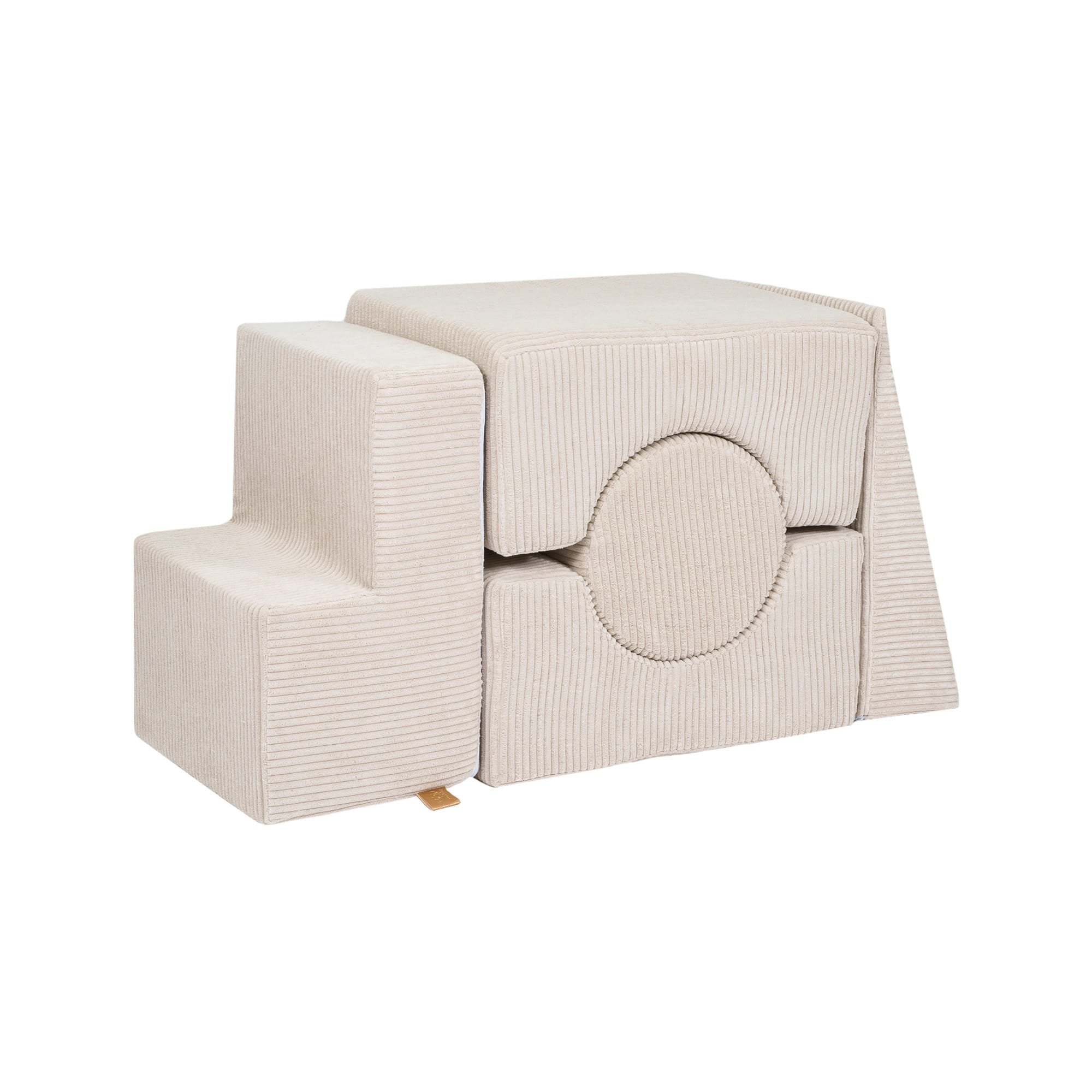 2. Ecru velvet corduroy children's play set with five stackable elements, including cubes and a circular piece, compactly arranged on a white background
