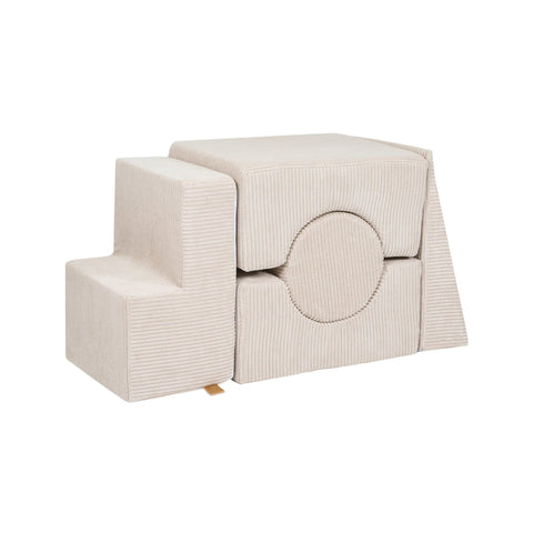 2. Ecru velvet corduroy children's play set with five stackable elements, including cubes and a circular piece, compactly arranged on a white background