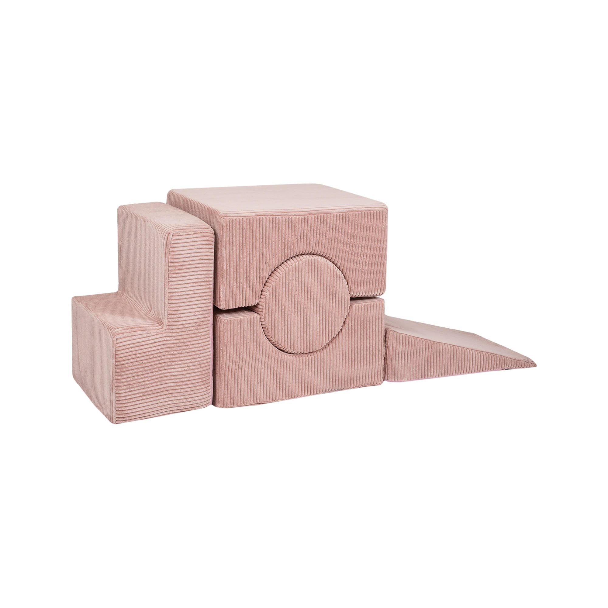 2. Powder pink velvet corduroy children's shape set with removable covers, featuring various geometric blocks for creative play, shown in a studio setting