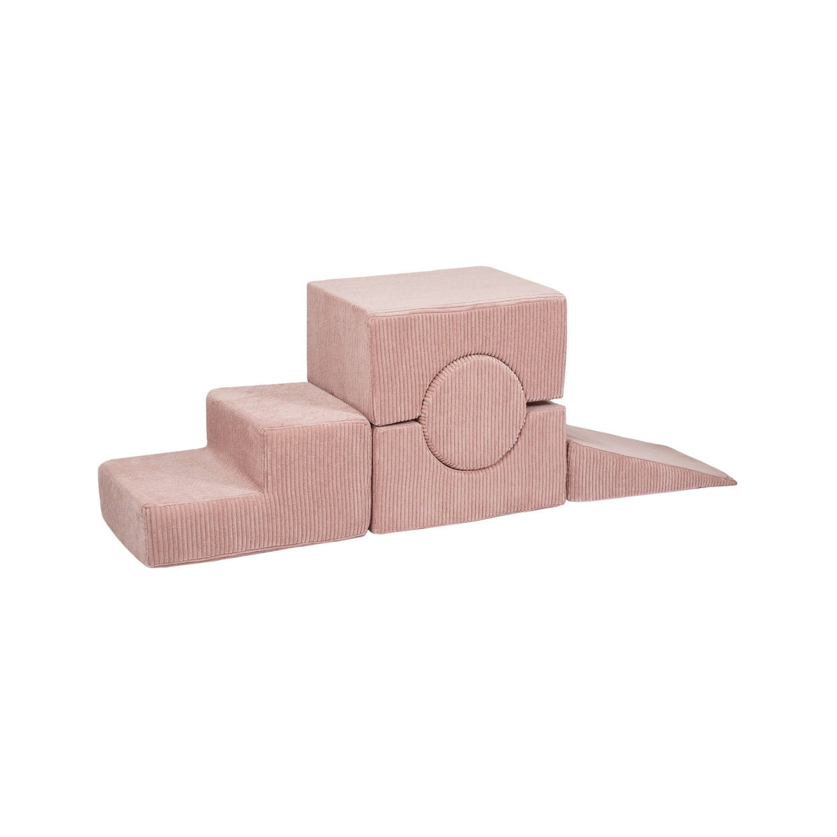 4. Flat lay of powder pink velvet corduroy children's shape set with geometric blocks, highlighting texture and design
