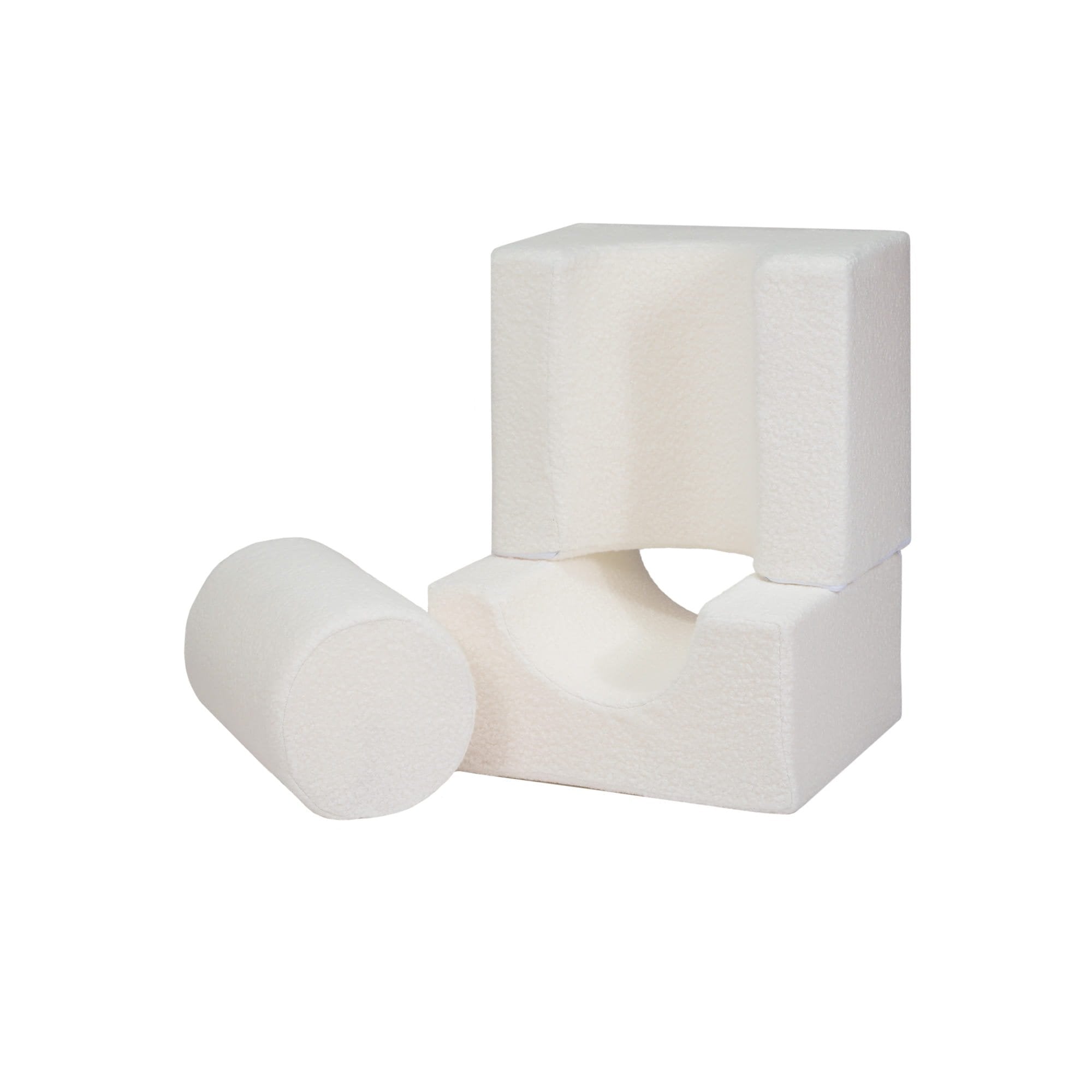 1. White MeowBaby Boucle Shape Set with three elements stacked, featuring soft velvet corduroy covers