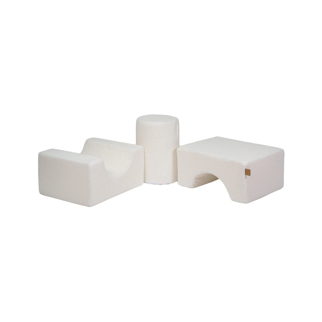2. Three-piece MeowBaby Boucle Shape Set in white, arranged side by side on a clean background