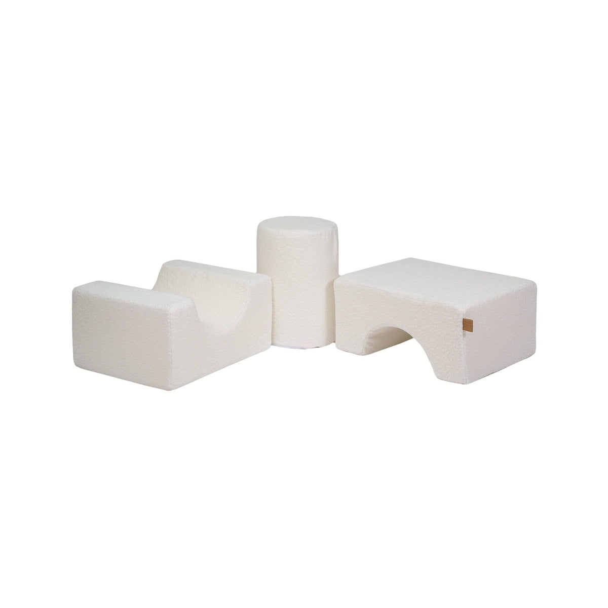 2. Three-piece MeowBaby Boucle Shape Set in white, arranged side by side on a clean background