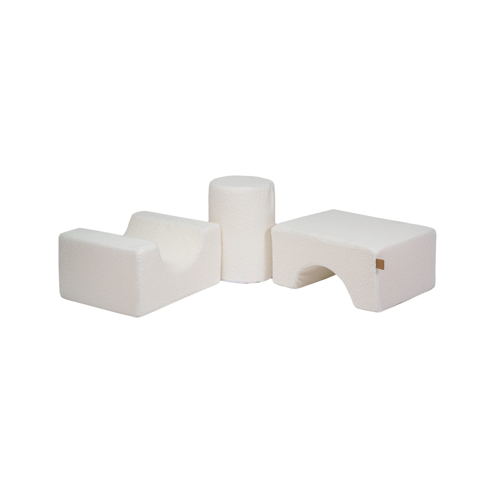 2. Three-piece MeowBaby Boucle Shape Set in white, arranged side by side on a clean background