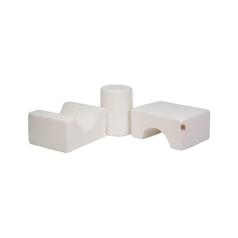 2. Three-piece MeowBaby Boucle Shape Set in white, arranged side by side on a clean background