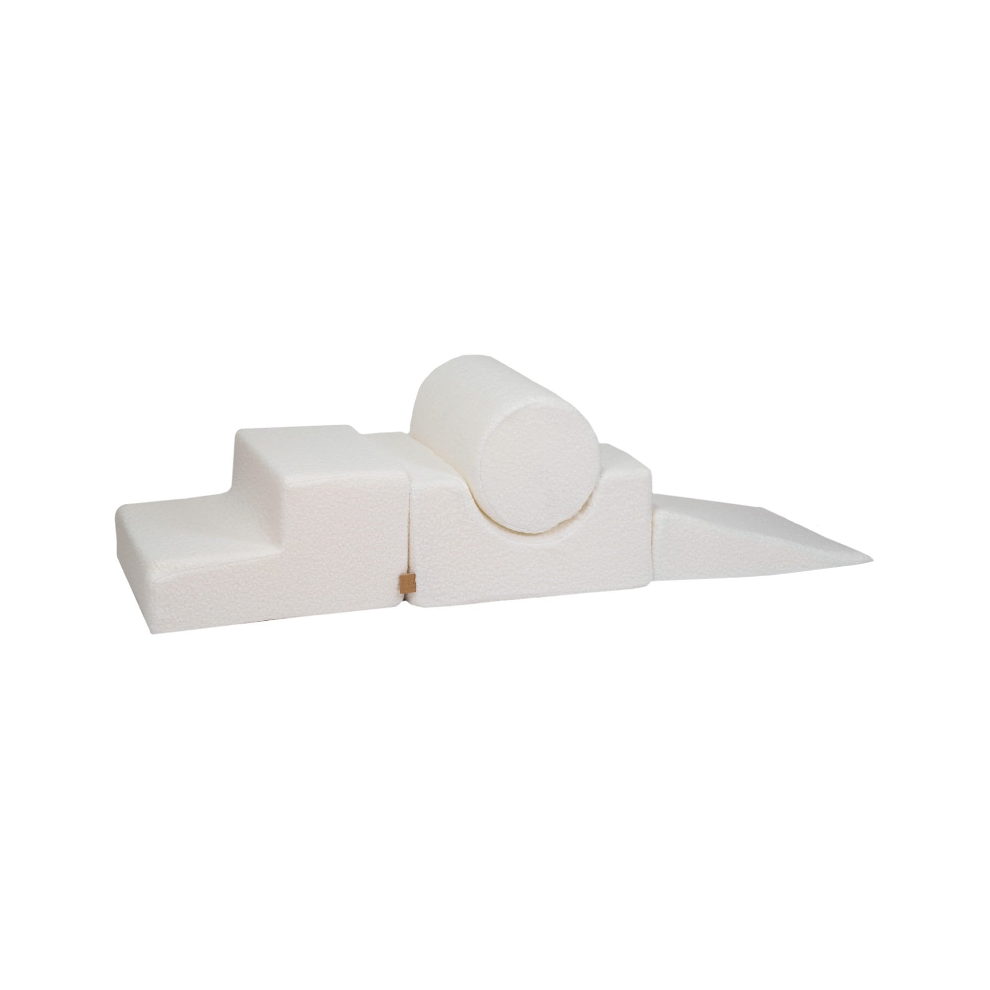 2. White MeowBaby Boucle Shape Set with four elements including steps, cylinder, and wedge on a clean background
