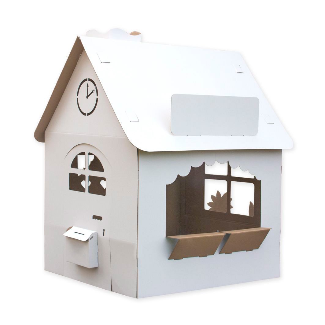 1. SEIK DIY cardboard house for kids with functional doors and window shutters, shown in studio setting