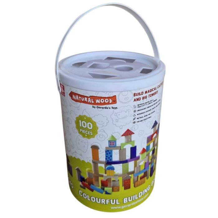 1. Gerardo's Toys colorful wooden building blocks in cylindrical packaging with handle, featuring 100 pieces label and playful design