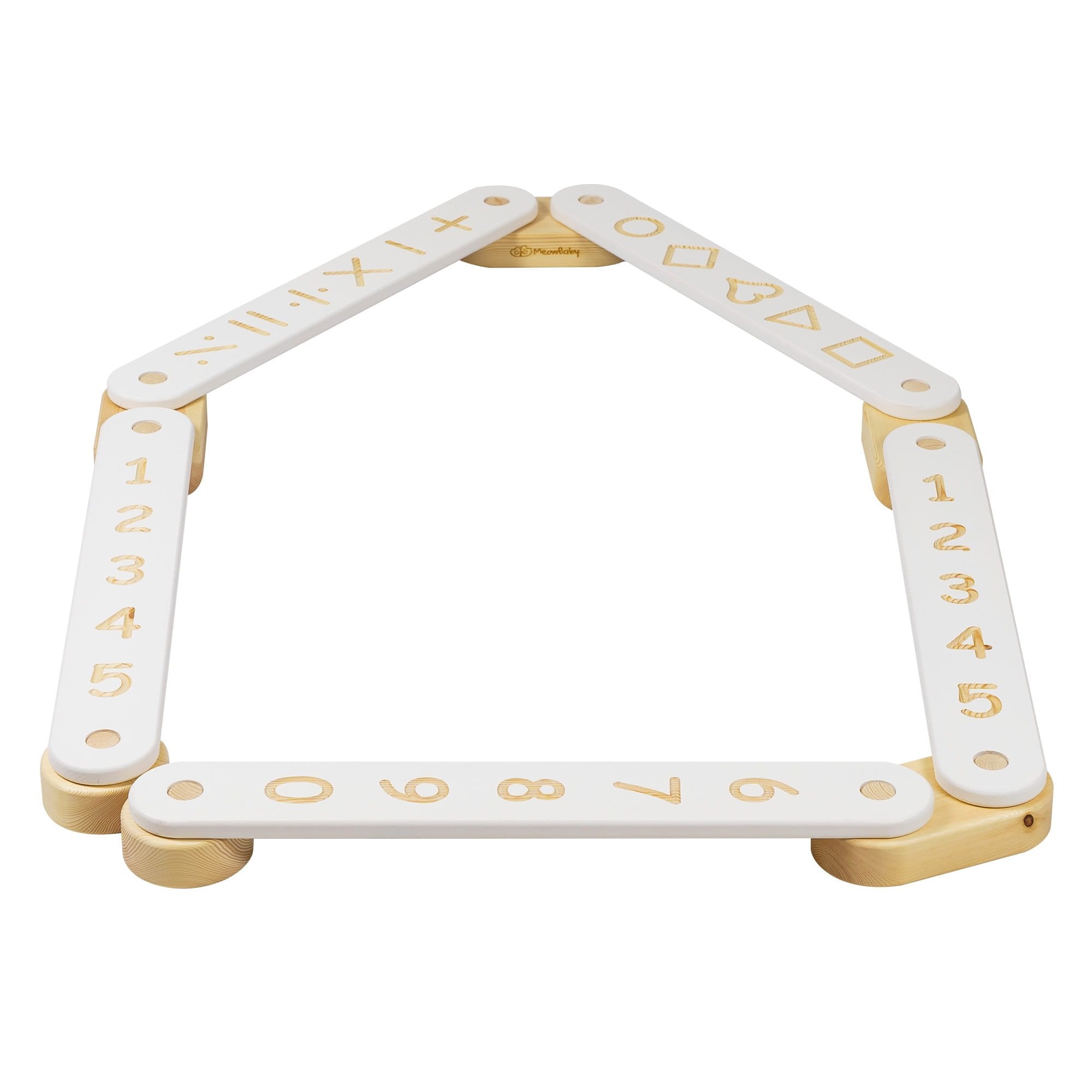 10. Wooden balance beam with white surface featuring numbers and geometric shapes, arranged in a pentagon shape