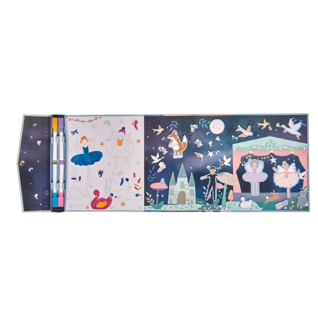 2. Open Floss & Rock Magnetic Multiplay Scene showing coloring section, pop-out pieces, and dry wipe pens in enchanted theme with dancers and animals