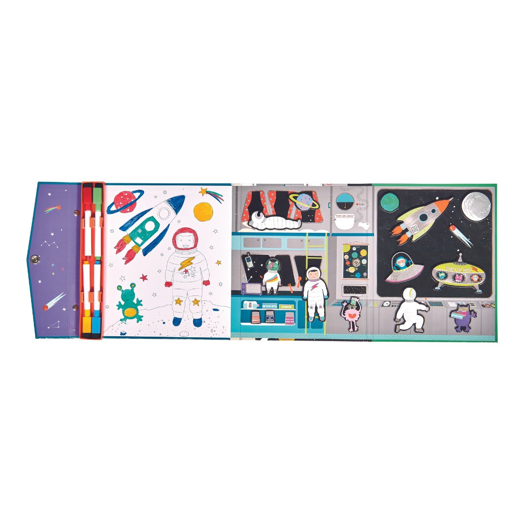 3. Opened Floss & Rock Magnetic Multi Play Scene displaying space-themed doodle and play sections with colorful pens
